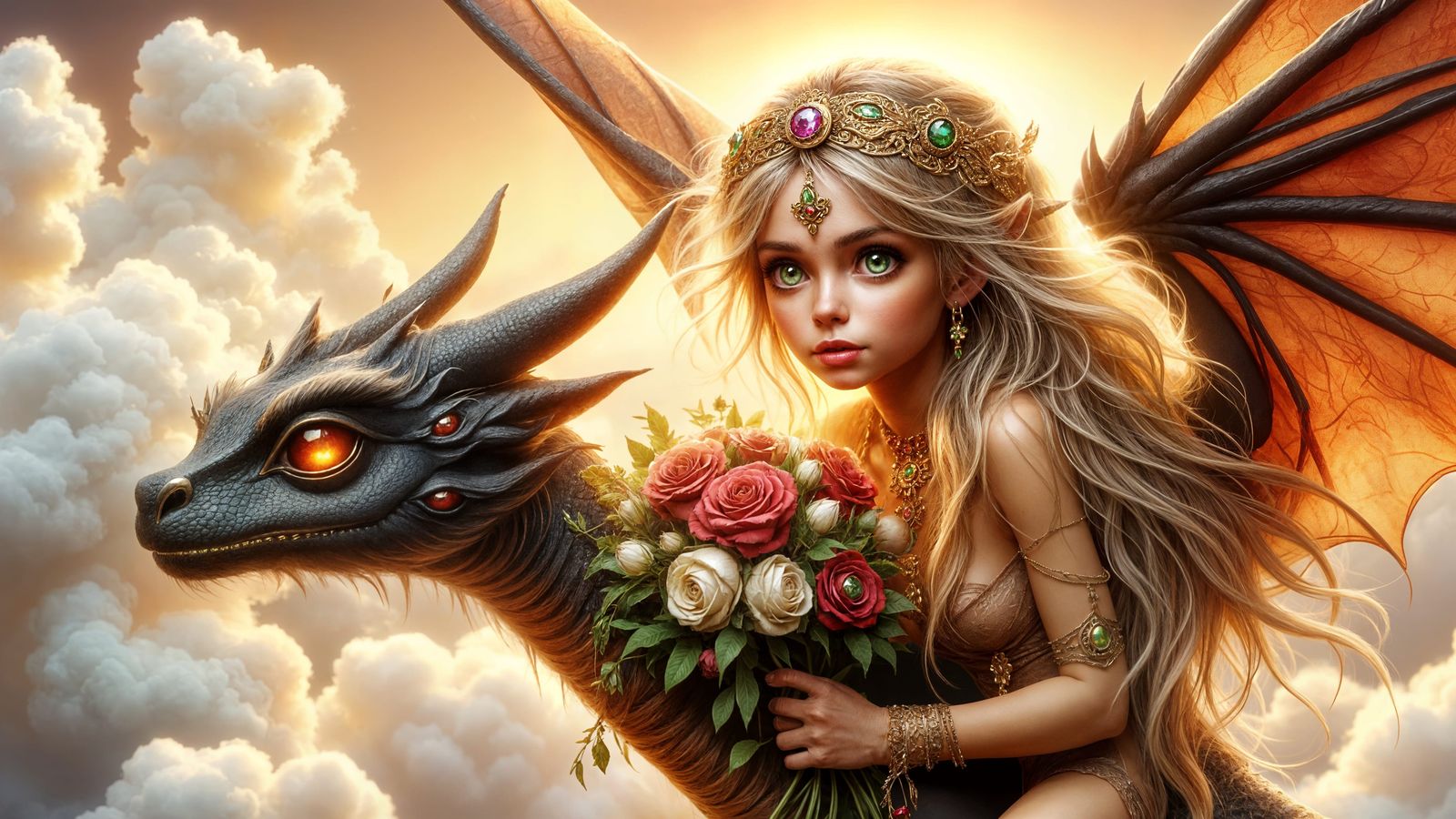 Blonde Dragon Rider with Crown and Roses