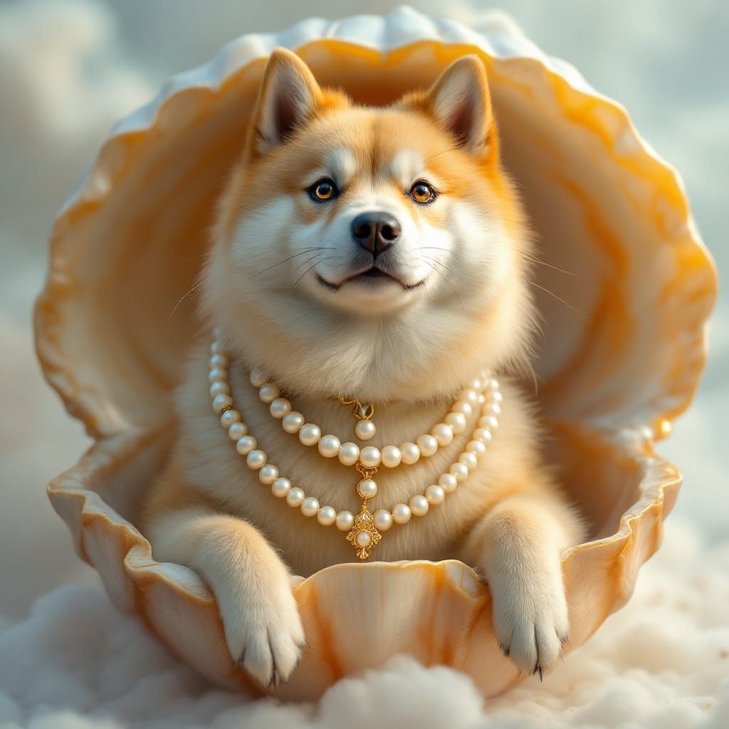 Korean Jindo Dog Goddess in Pearl Necklace, Whimsical Art