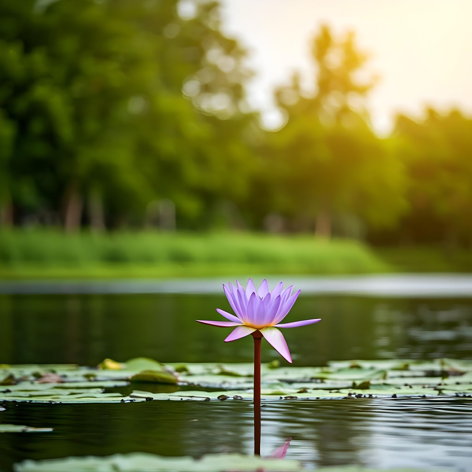 Purple Lotus in Bloom on Calm Lake