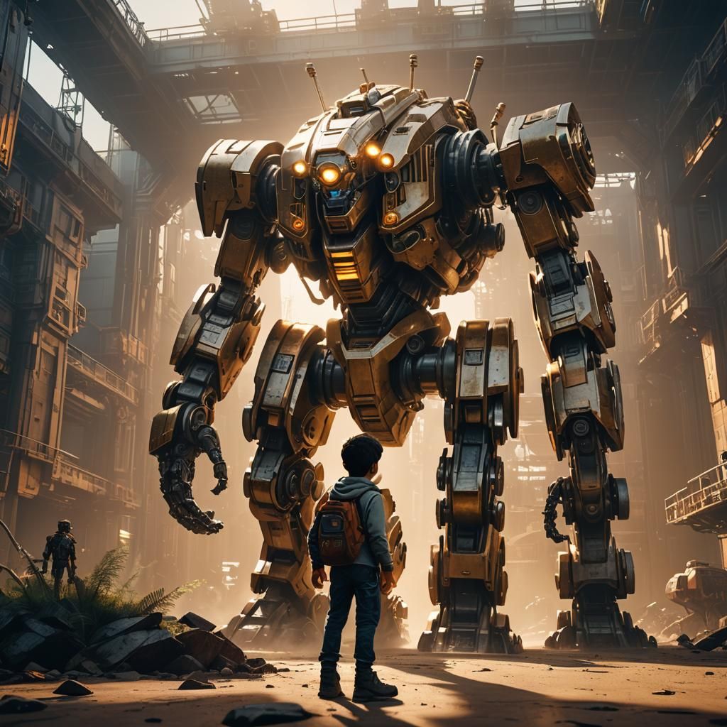 Boy and Giant Robot in Sci-Fi Concept Art