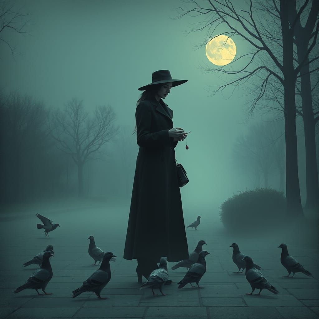 Mysterious Woman Feeds Pigeons in a Moonlit Park