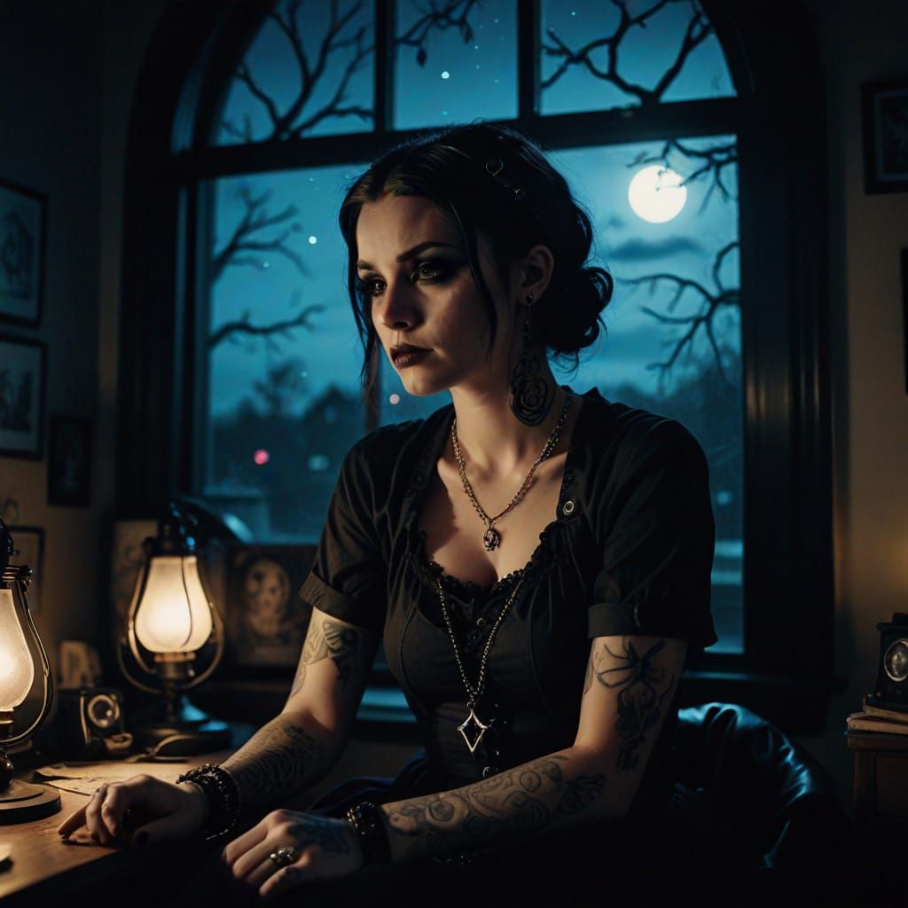 Goth Girl Weeps Under Moonlit Window in Cinematic Bedroom Sc...