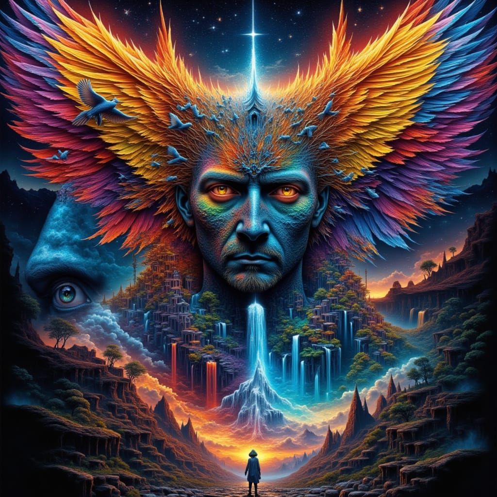 Fractal Faced Man Dressed as Macaws in Surreal Landscape