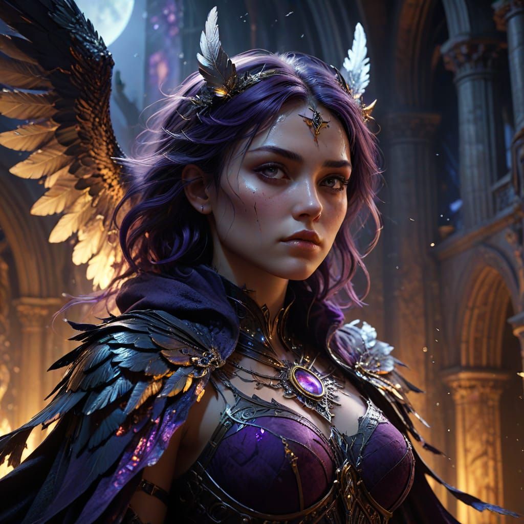 Dark Angel Descends in Crumbling Cathedral at Sunset