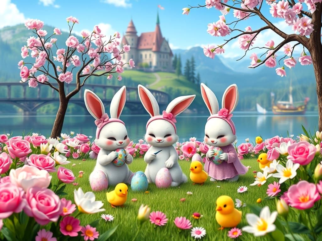 Enchanted Easter: Bunnies Painting Eggs in Floral Meadow