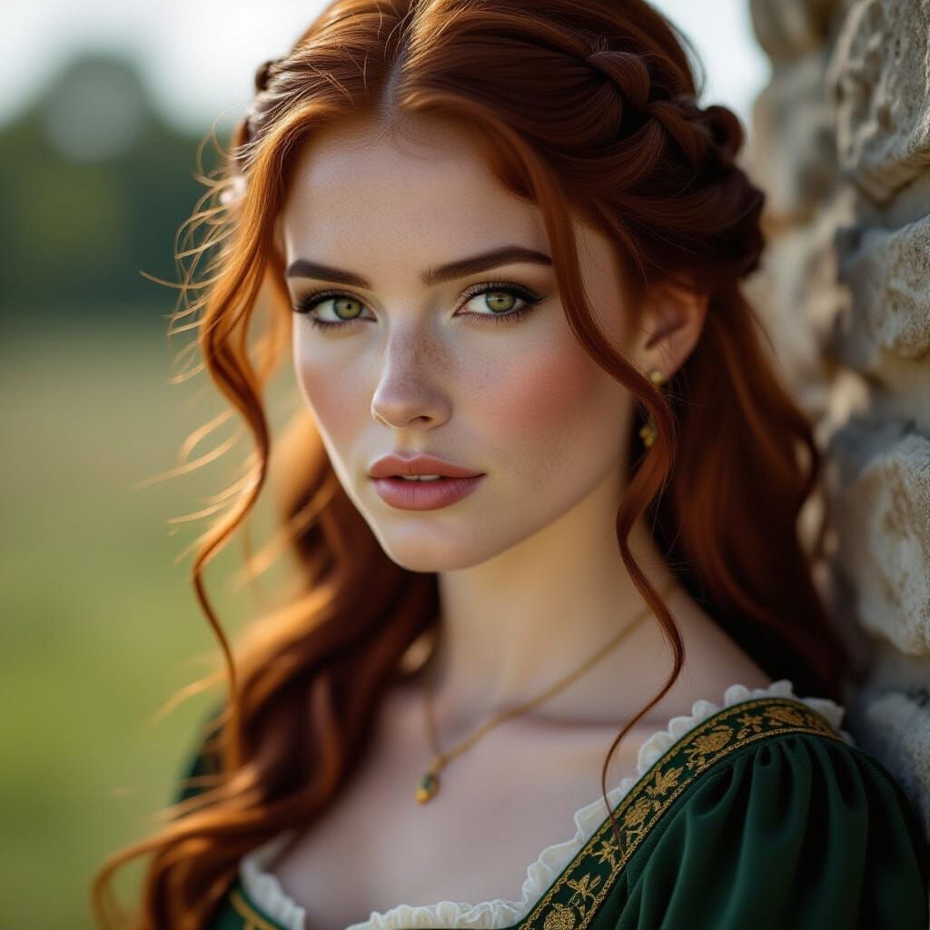 Medieval Woman in Dark Green Dress with Gold Accents