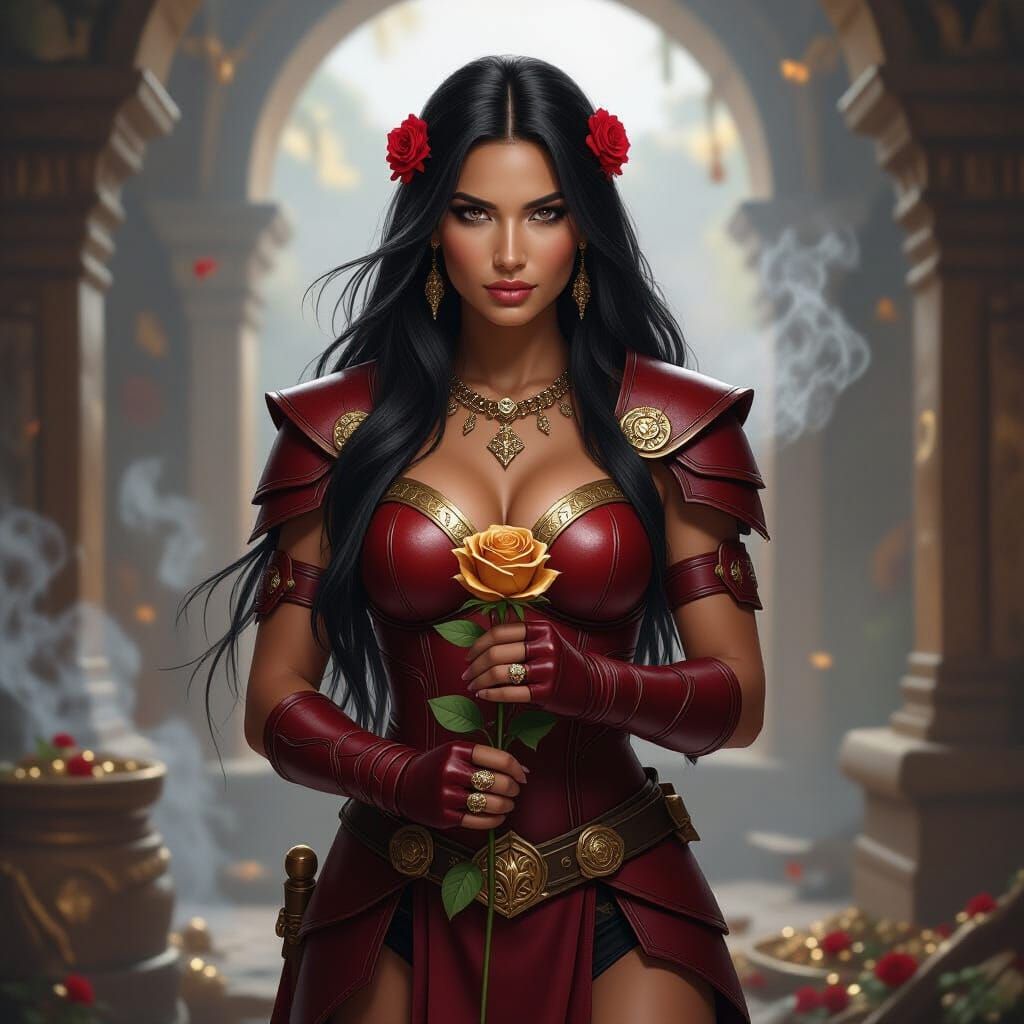 Amazonian Warrior with Golden Rose in Treasure Room