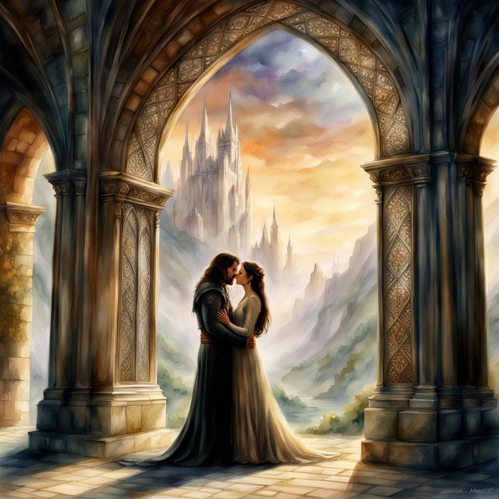 Aragorn and Arwen Kissing: Watercolor Art