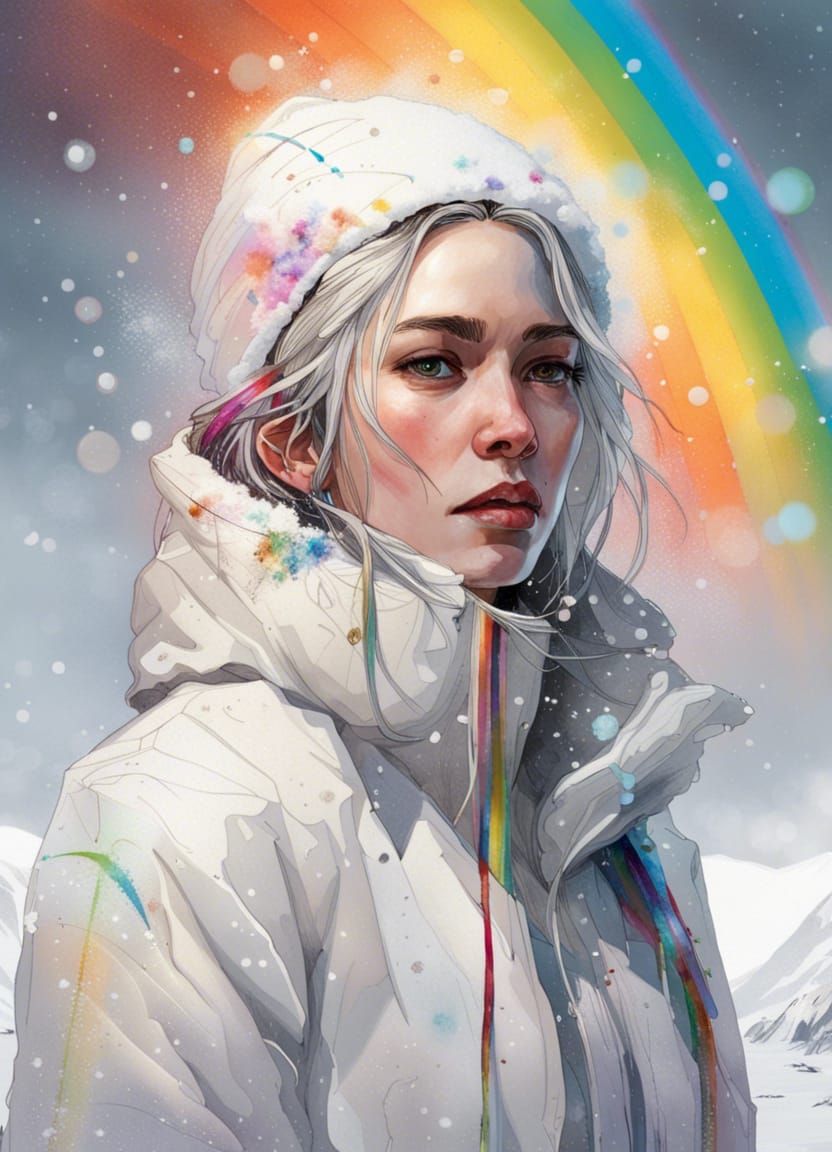 Woman in Snowy Field with Rainbow