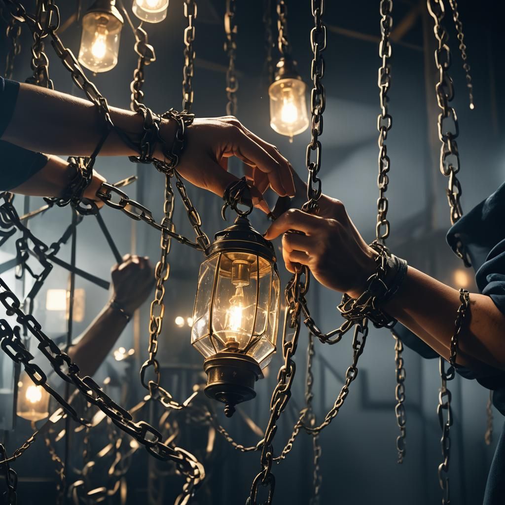Chained Hands in Cubist Dark Room with Mirror