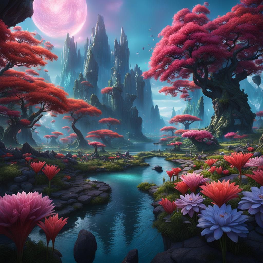 Lush Alien Planet with Flowers: Detailed Matte Painting