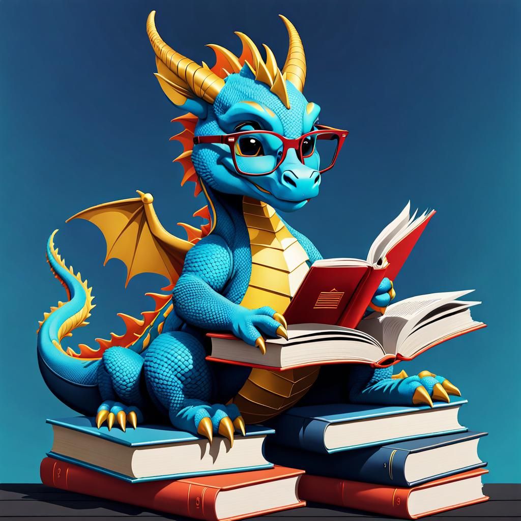 Baby Dragon Reading Books in Pop Art Style