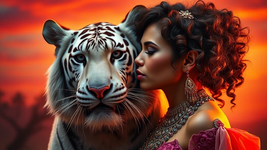 Tiger and Woman Share Intimate Kiss in Tropical Sunset
