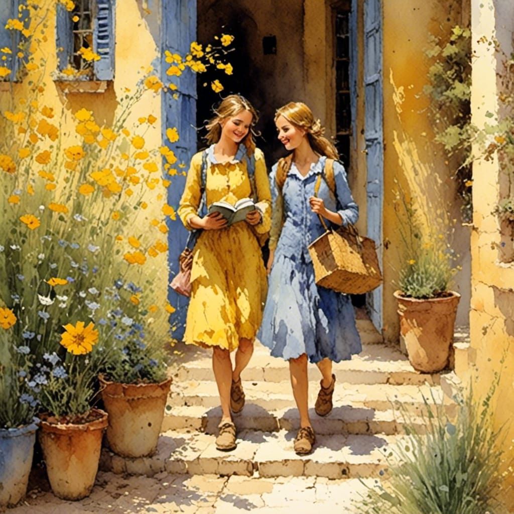 Teenage Girls Laughing in School Hallway, Pastel Art