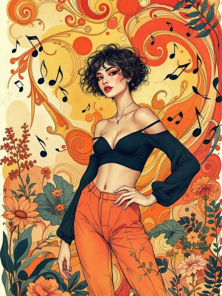 A Confident Woman Embraces Vibrant Art Nouveau Dreams