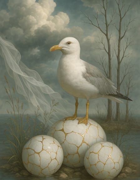 Surreal Seagull in Hyperrealistic Landscape
