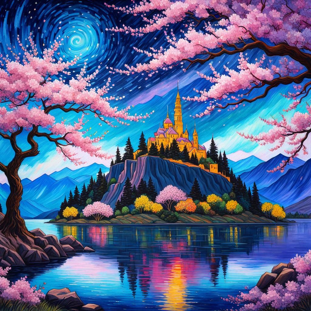 Cherry Blossom Castle: Watercolor Anime Landscape