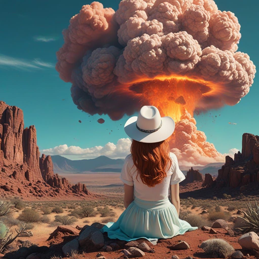 Woman in Cowboy Hat Watches Nuclear Explosion in Desert Land...