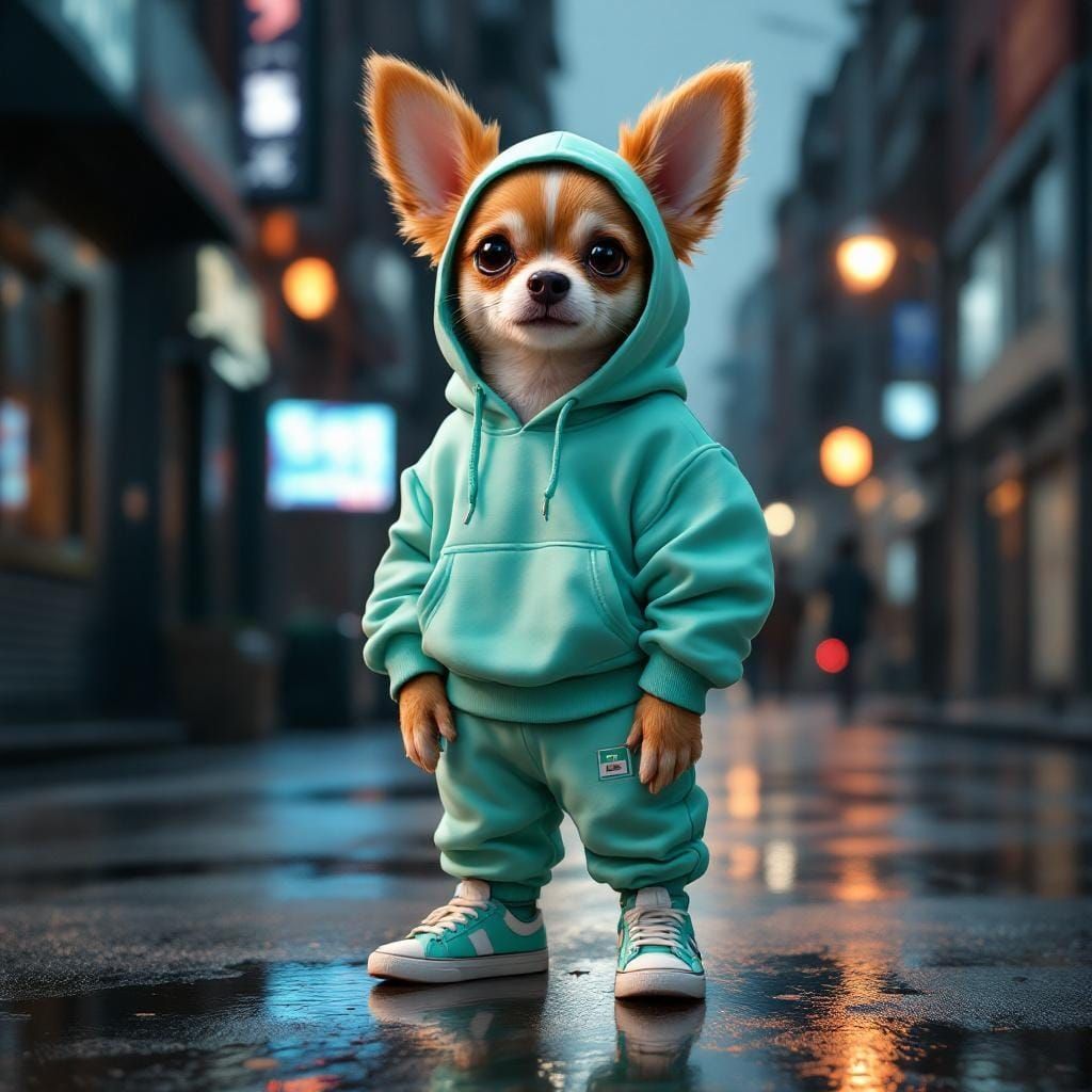 Chihuahua in Streetwear on Wet Urban Surface