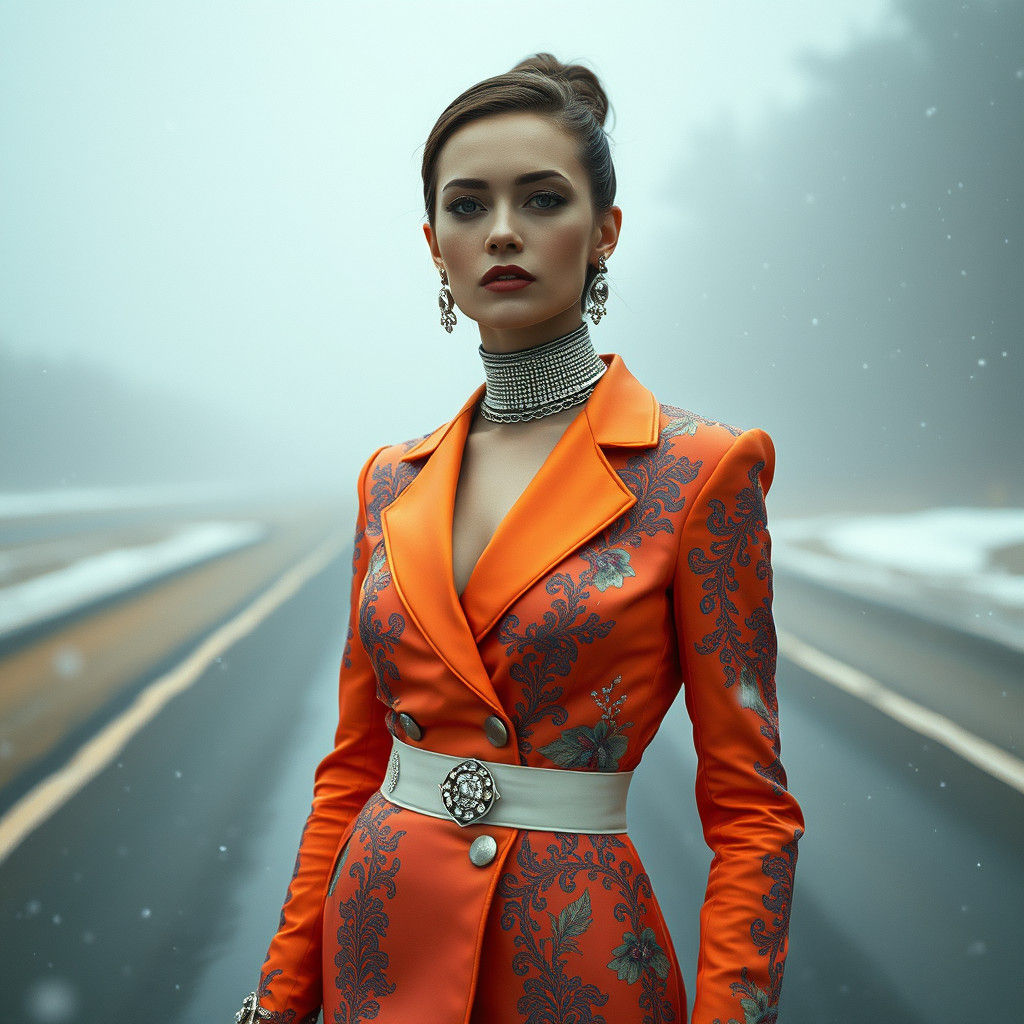 Woman in Futuristic Outfit on Misty Road