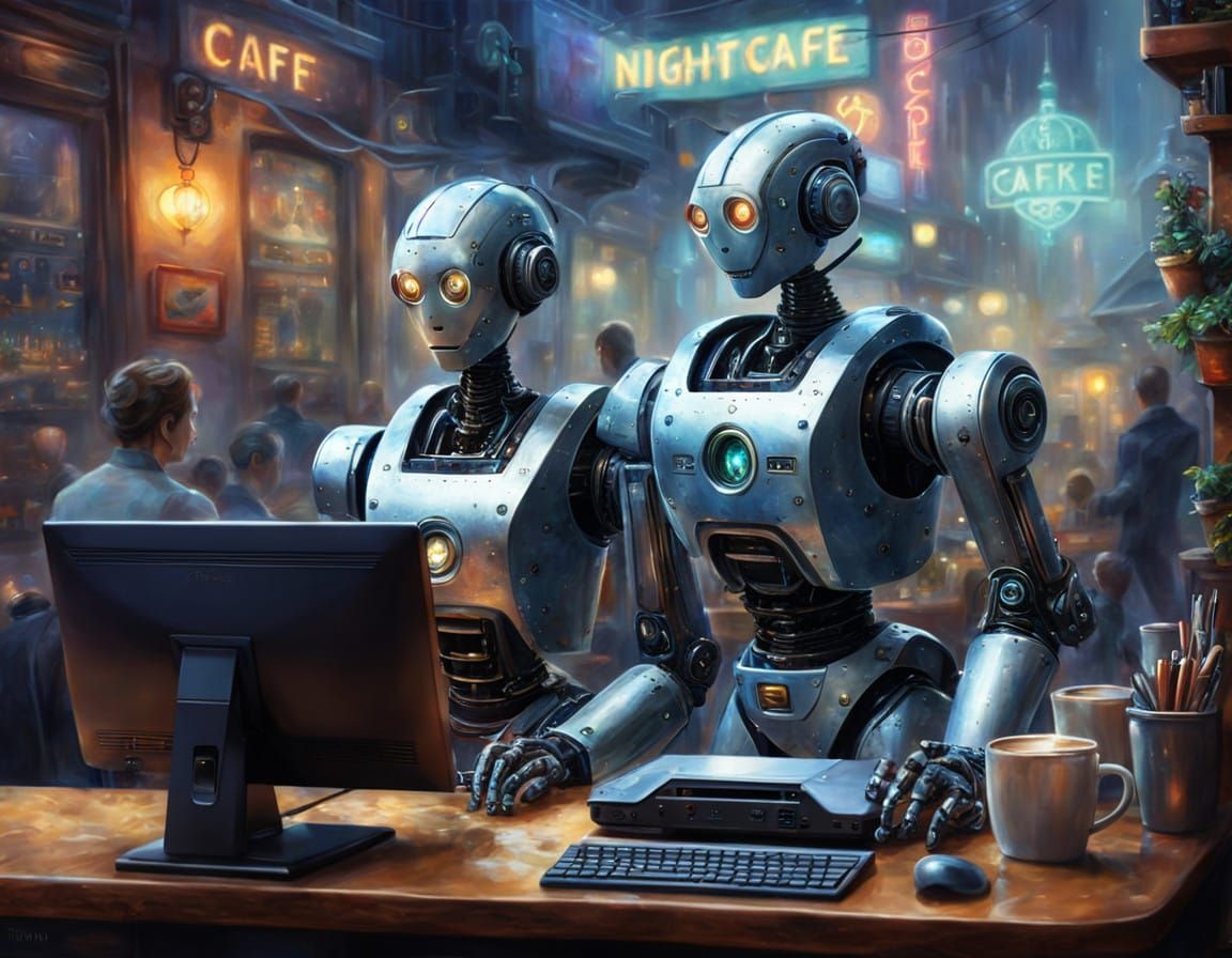 AI Creators in a Bustling NightCafe
