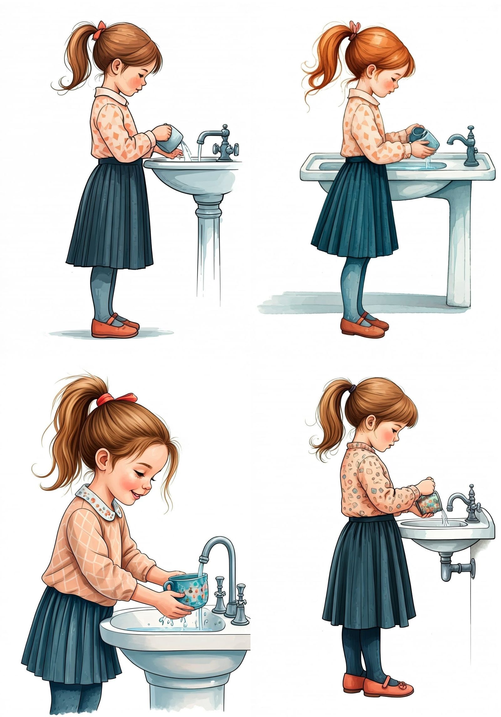Whimsical Watercolor Sketch: Girl Washing Hands