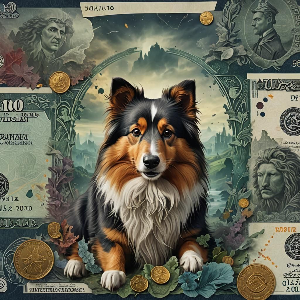 Shetland Sheepdog Art Banknote in Detailed Matte Style
