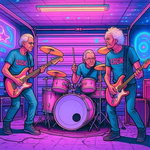Elderly Friends Rocking Out in Neon-Lit Garage