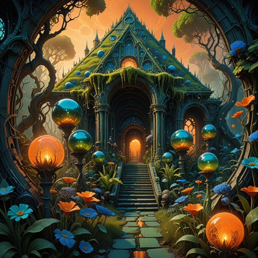 Exquisite Sunrise Garden with Gothic Archways and Mirror Glo...