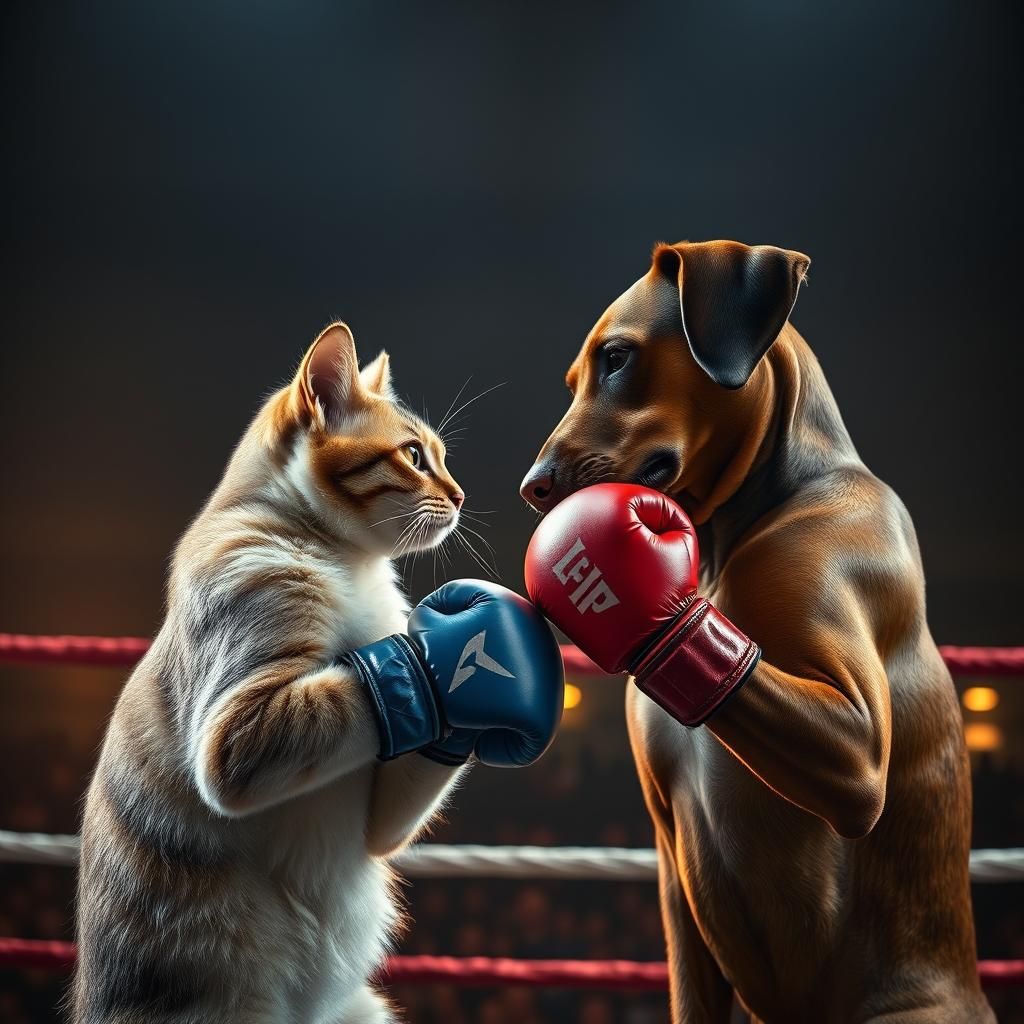 Hyperrealistic Cat and Dog Boxing Match in Arena
