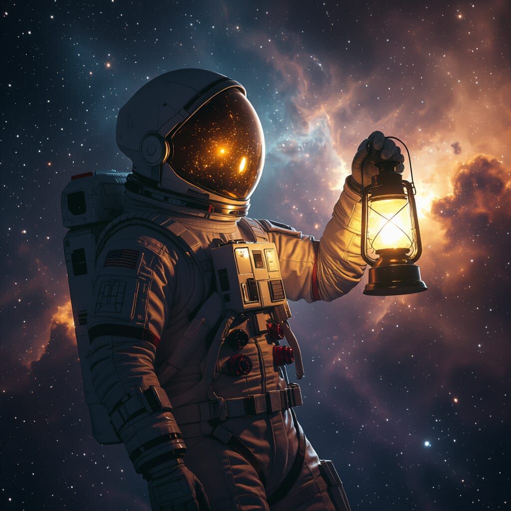 Astronaut with Glowing Lantern in Space