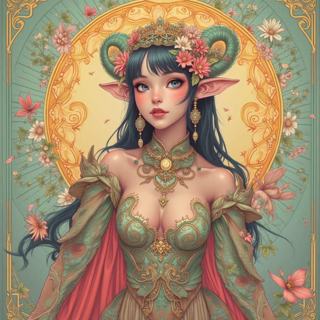 Elegant Tiefling Princess in Art Nouveau Style