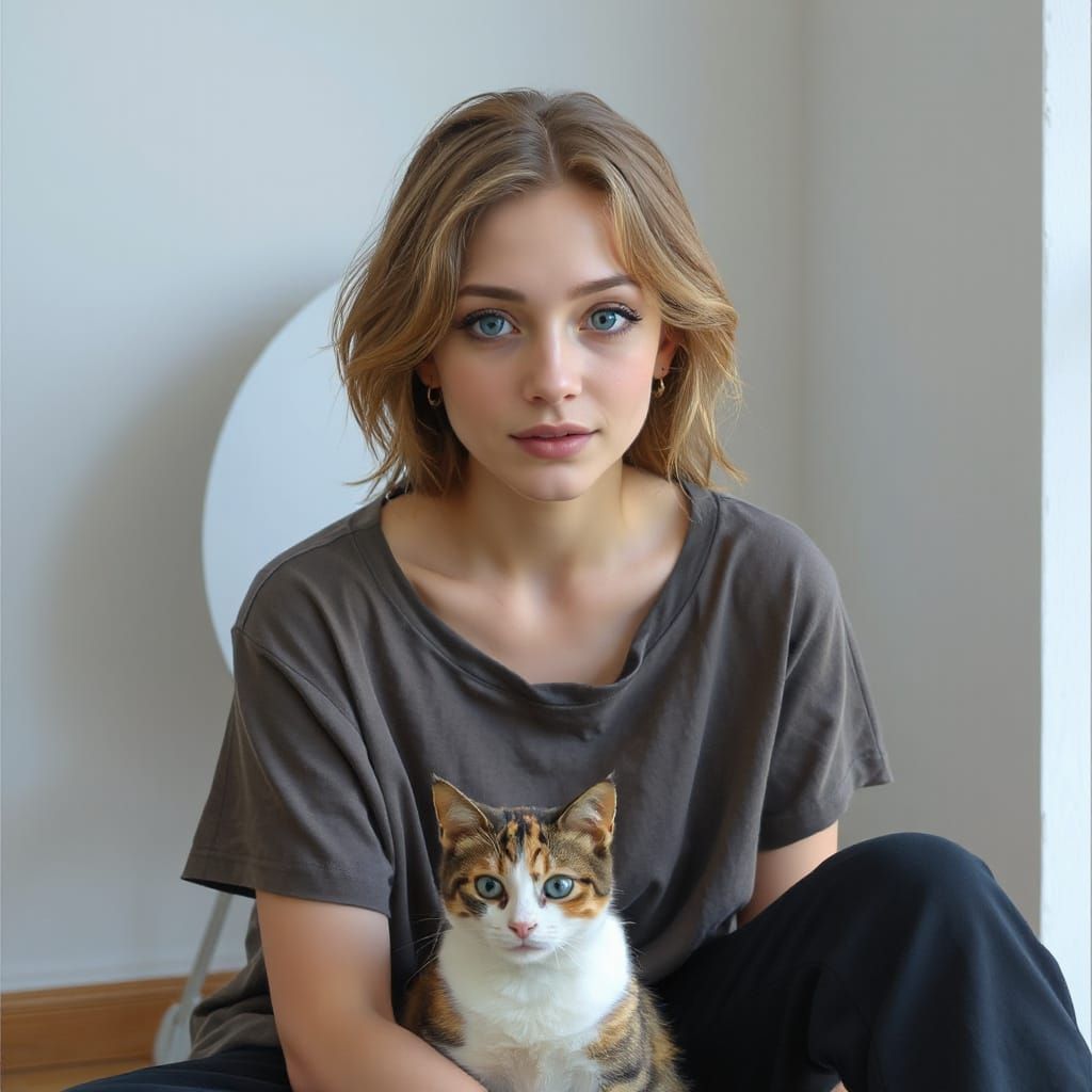 Melancholic Woman with Cat in Realistic Style