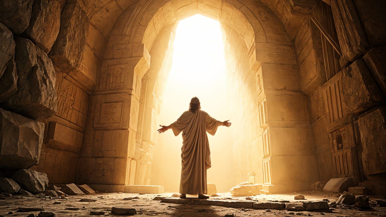Christ Stands Before Open Tomb in Divine Light
