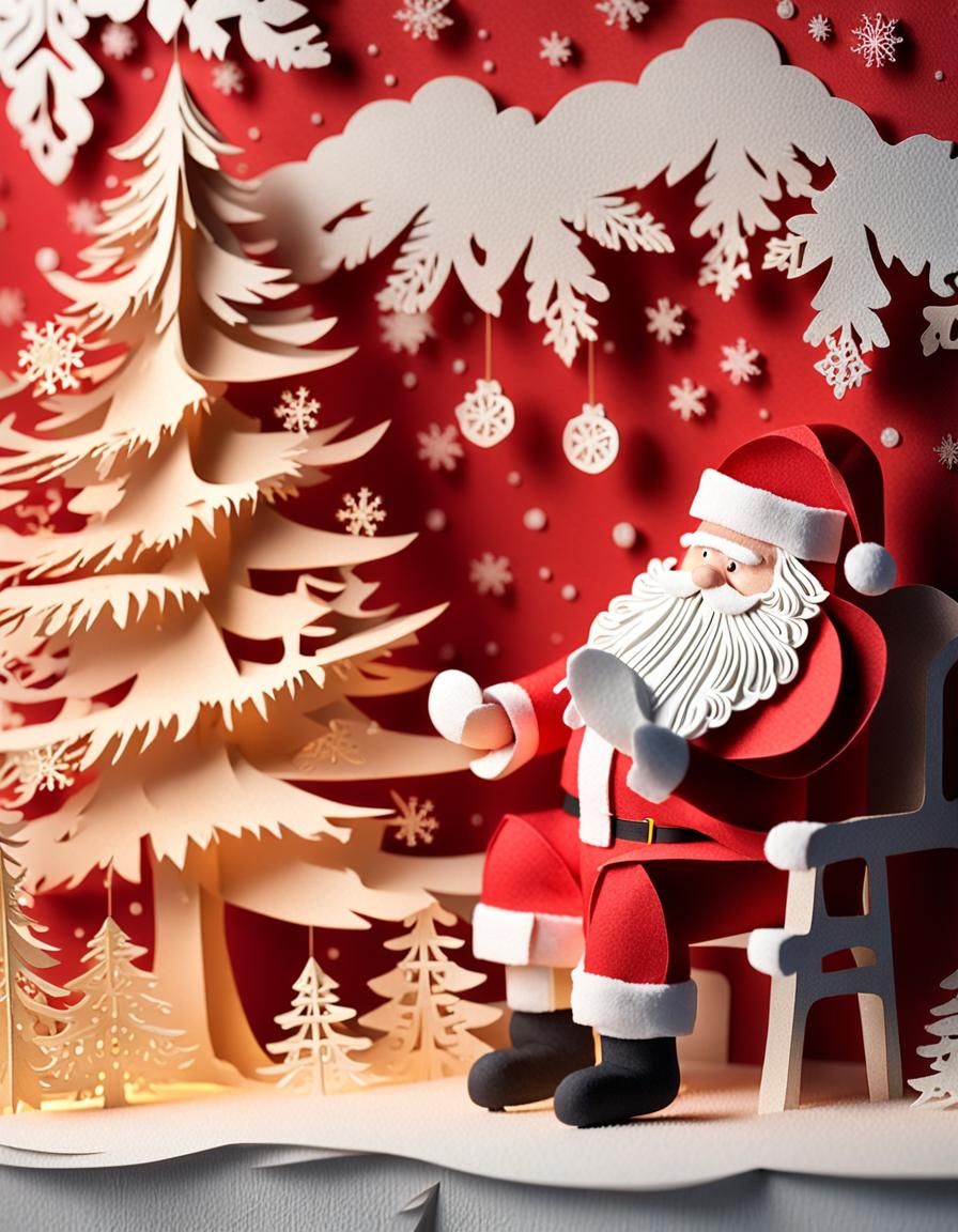 Santa Claus Decorating Tree in 3D Paper Art