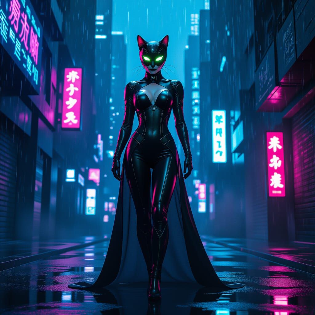 Cyberpunk Catwoman in Rain-Soaked Alleyway