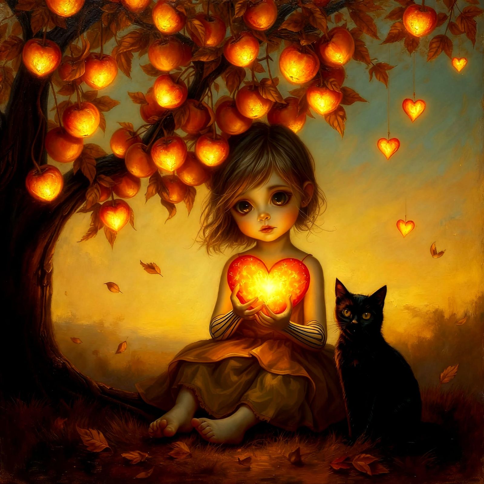 Surreal Autumn Painting of Girl with Glowing Hearts and Blac...