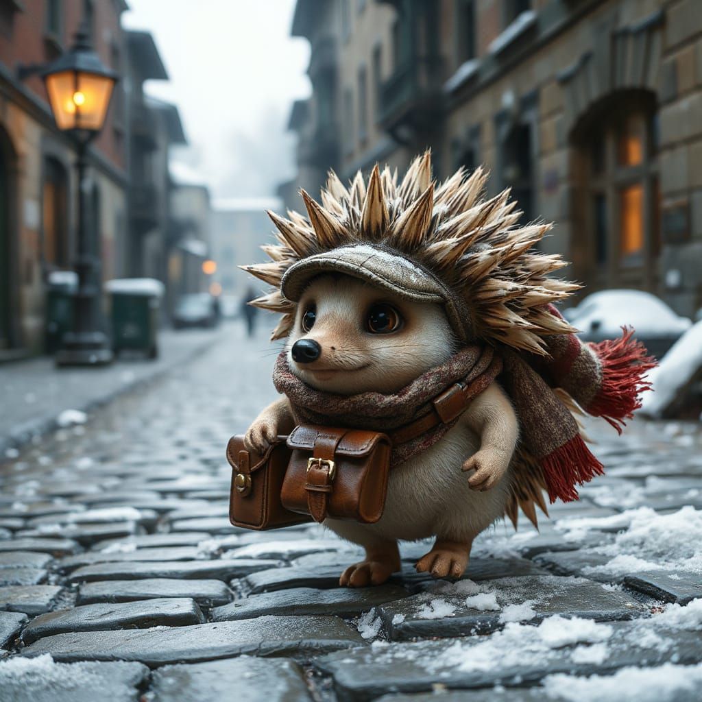 Hedgehog's Winter Journey Through Snowy Town