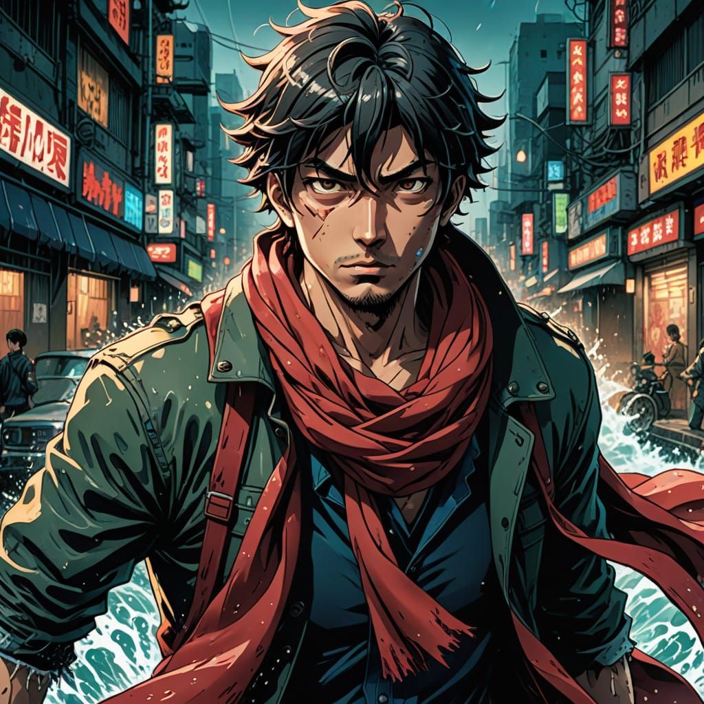 Heroic Man Walks Through Turbulent Water in Dynamic Comic Bo...