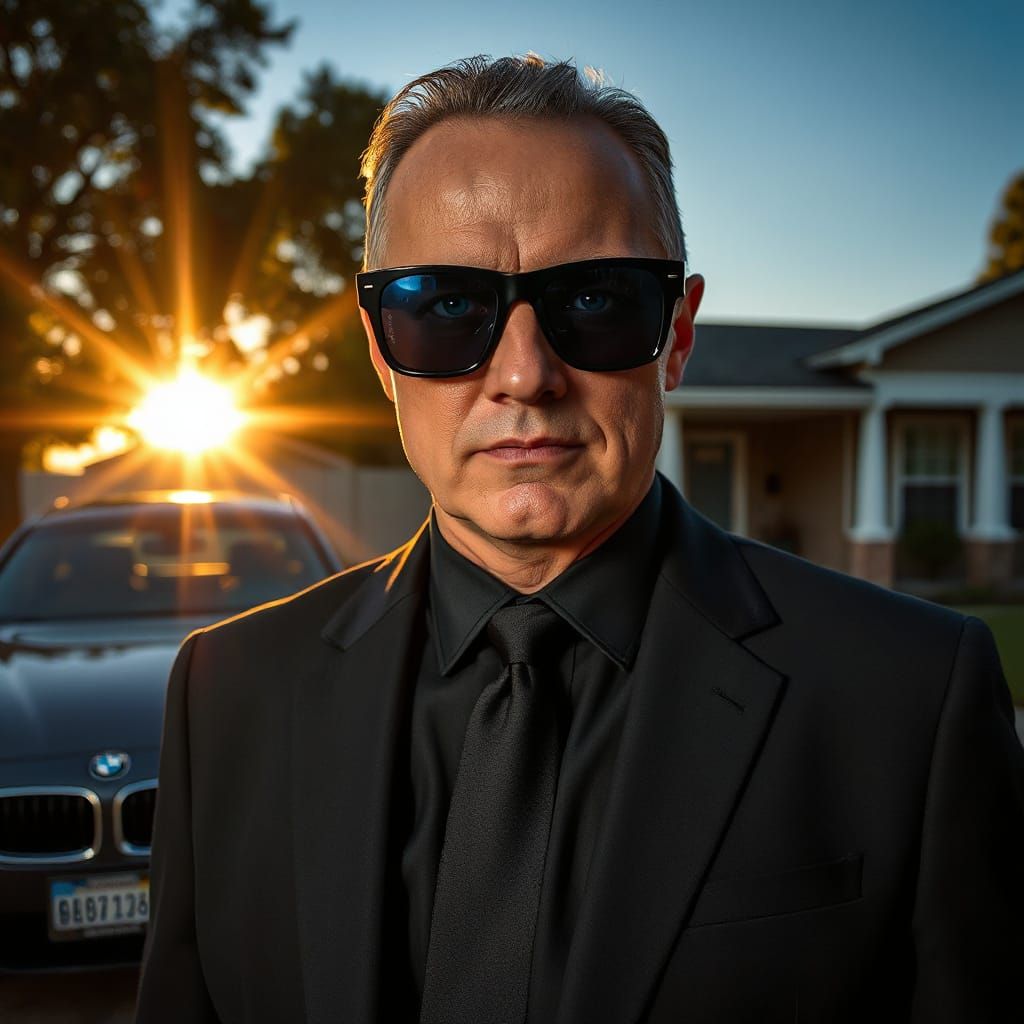 Security Guard with Blue Eyes Behind Sunglasses in Golden Ho...