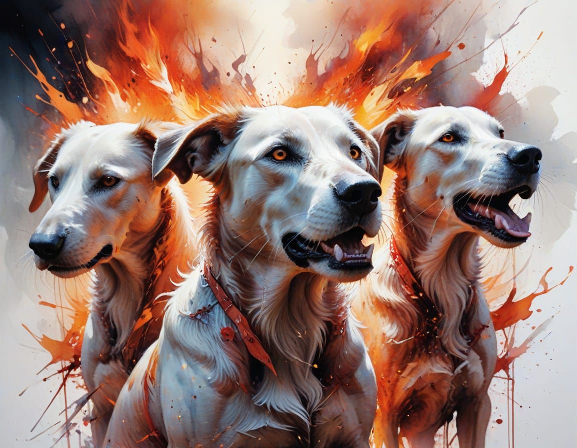 Ethereal Hounds of Hell in Fiery Vortex, in Dreamlike Waterc...