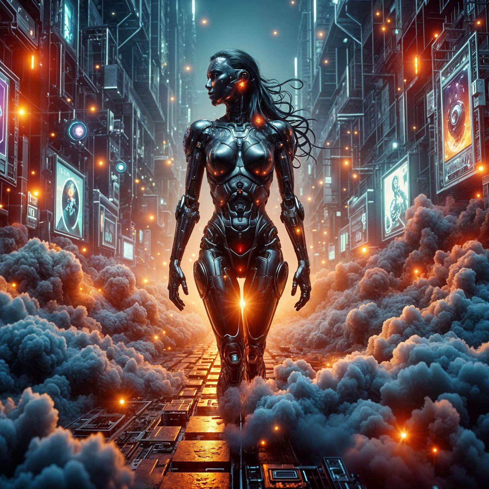 Dystopian Android in Cyberpunk Metropolis