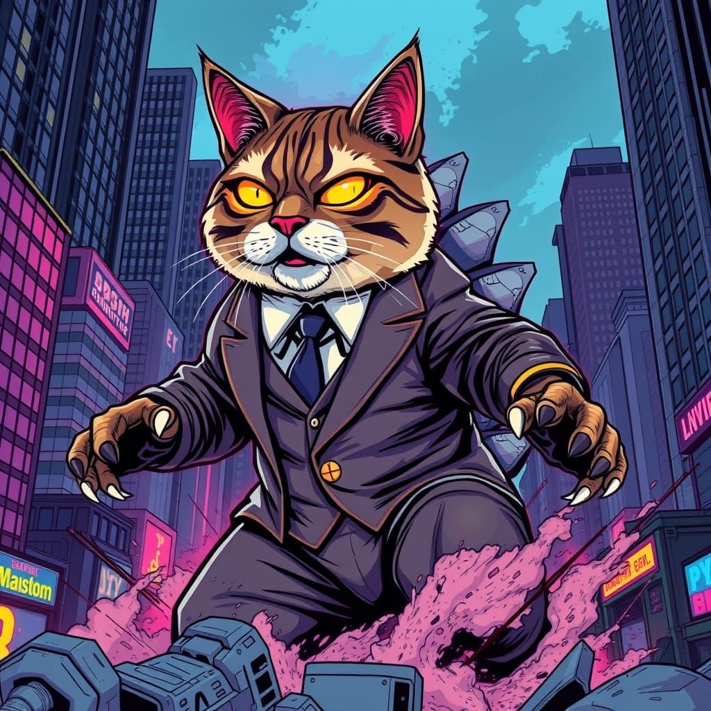 Futuristic Feline Monster Smashes City