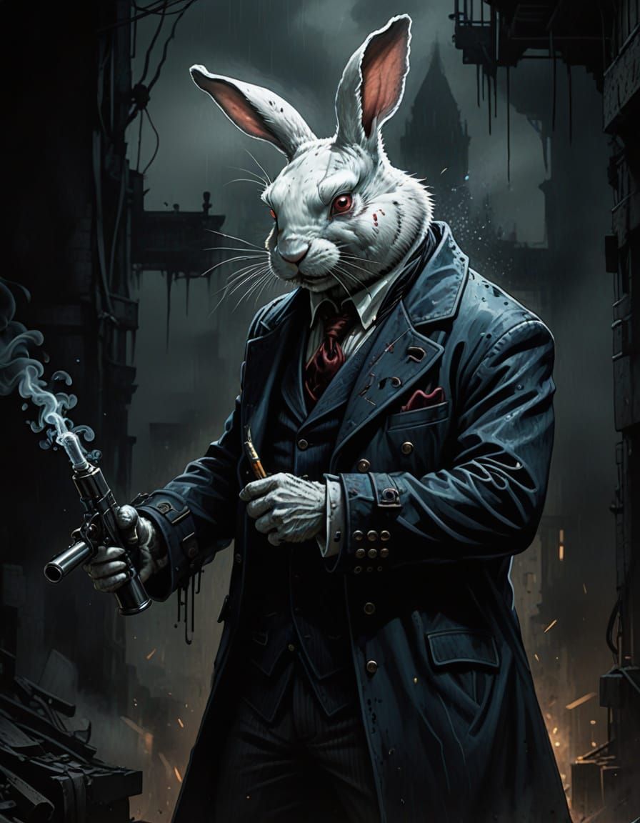 Grim Dark Fantasy Rabbit in Tattered Smoking Jacket