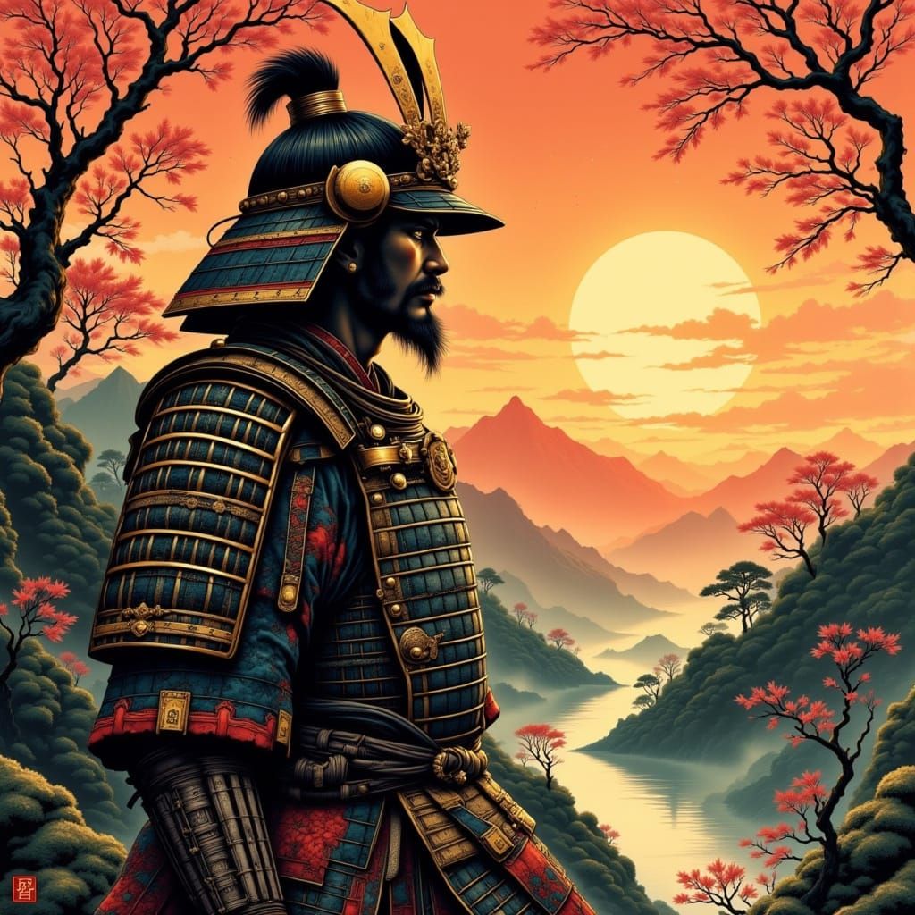 Samurai Warrior Contemplating Sunset in Ukiyo-e Style