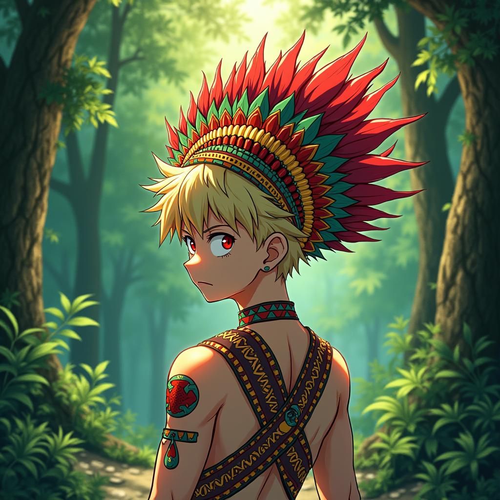 Aztec Warrior in Emerald Forest, Anime Style