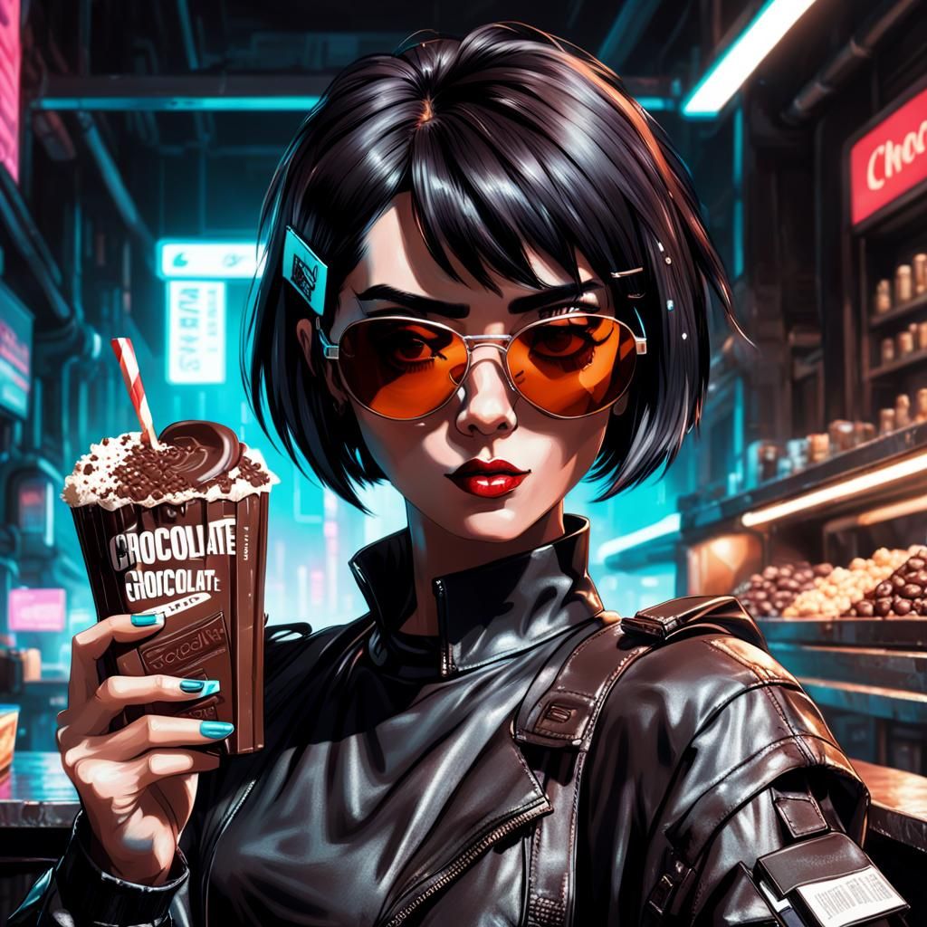 Cyberpunk Girl Holding Chocolate Bar
