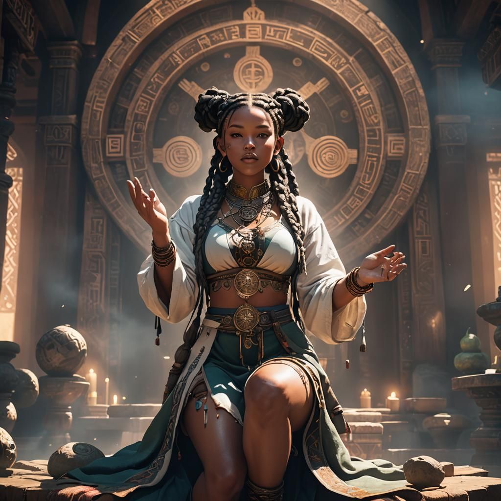 Young Woman Praying at Ancient Altar in Fantasy Setting