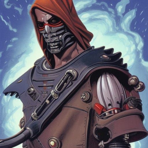 Low-tech robotic space pirate. Eyepatch. Parrot on shoulder. Cutlass and wooden pegbleg.