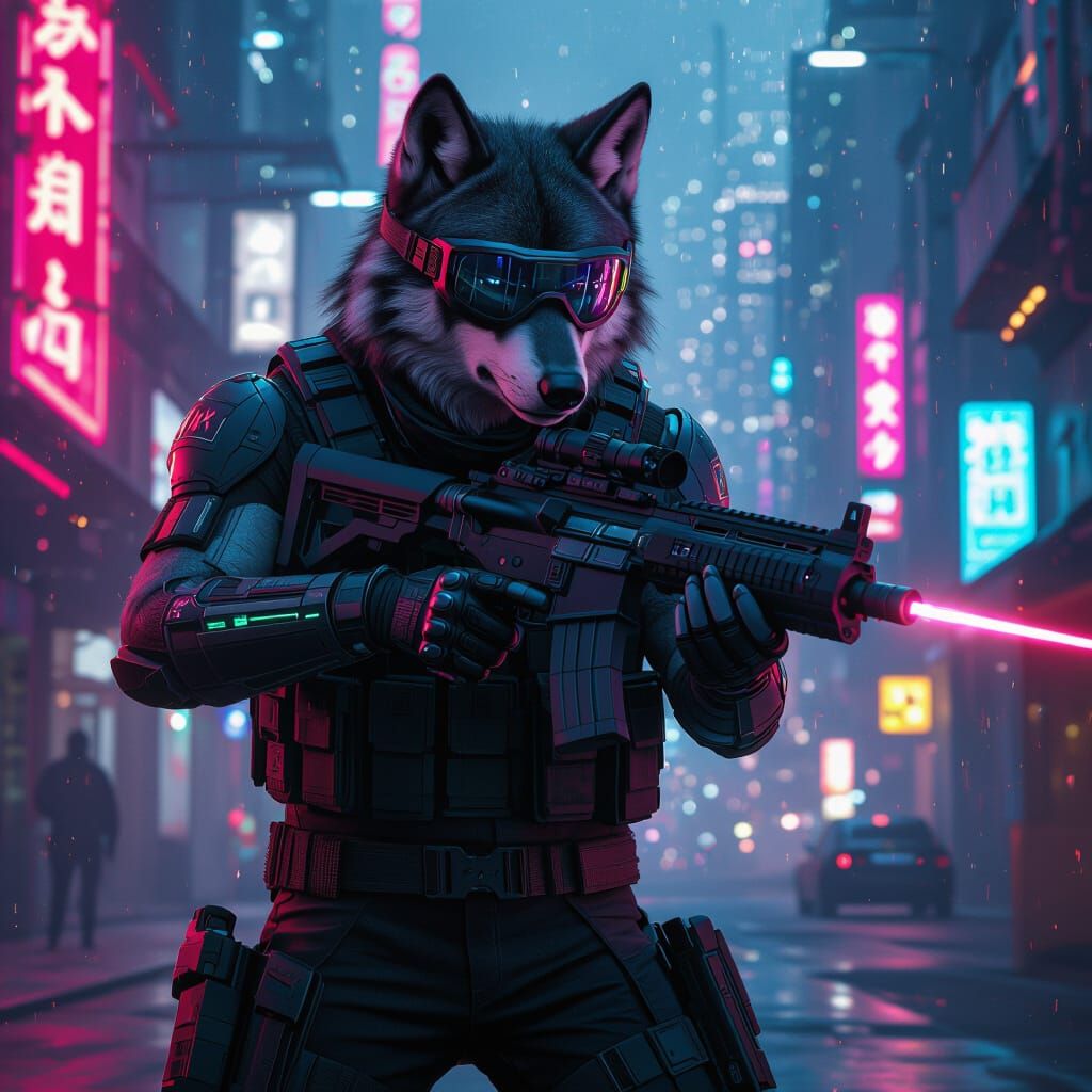 Futuristic Cyberpunk Wolf with Laser Rifle